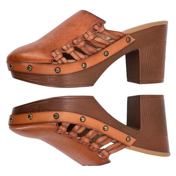 Cato Comfort Brown Leather Studded Braided Detail 4” Block Heel Clogs Size 9 - Picture 4 of 13